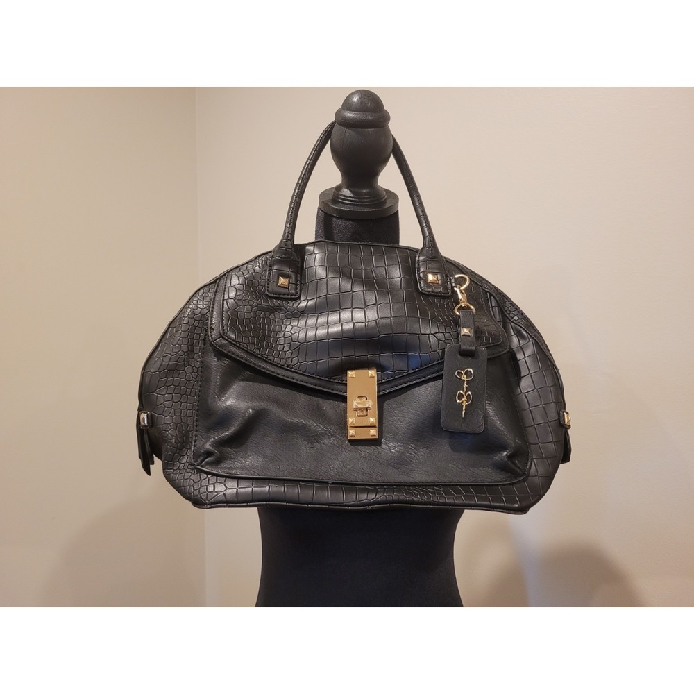 Jessica Simpson Handbag Black Faux Alligator Skin Rounded Top With Leopard Print